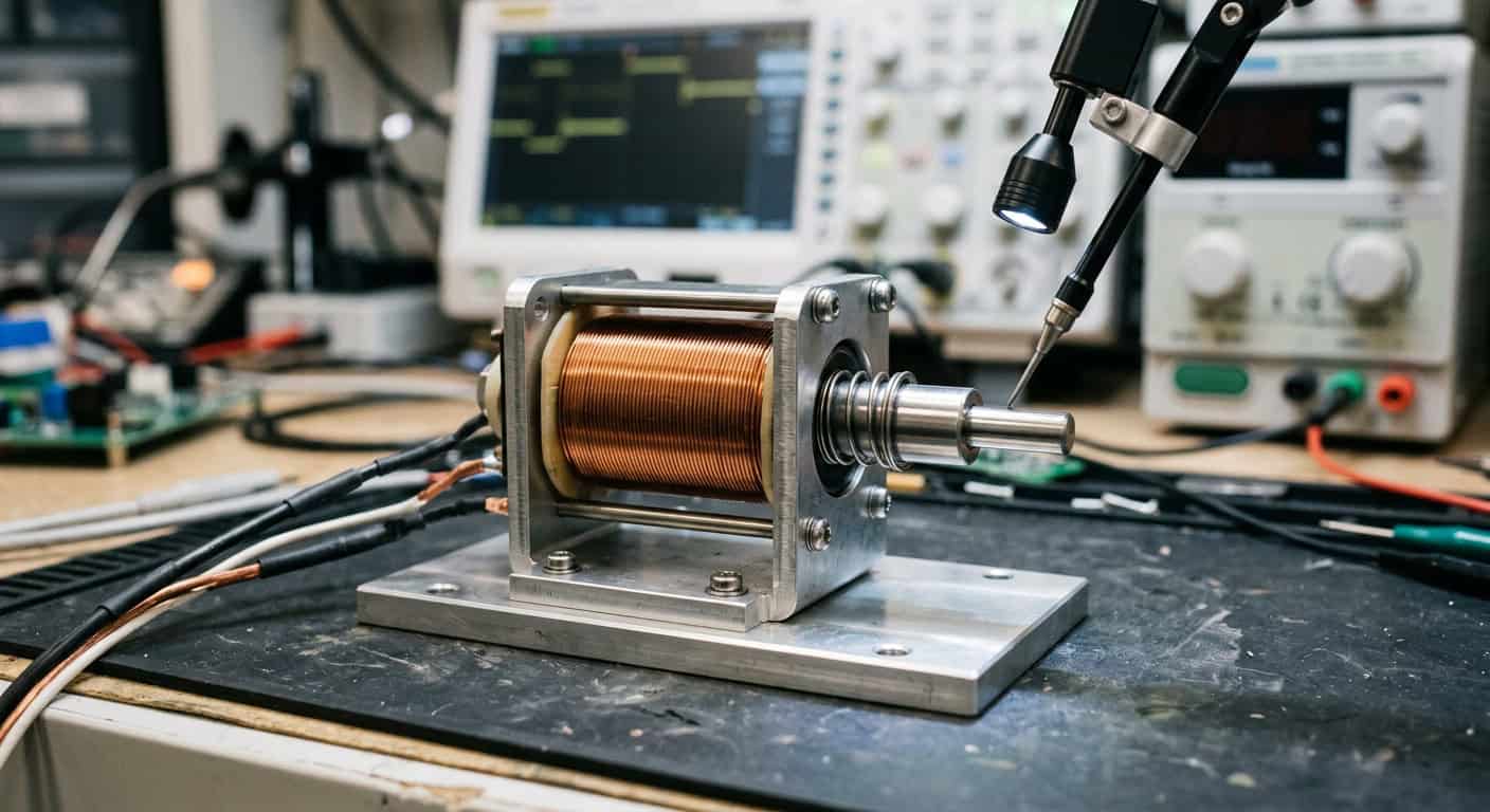 Electromagnetic solenoid coil mounted on testing platform with measurement equipment in the background.