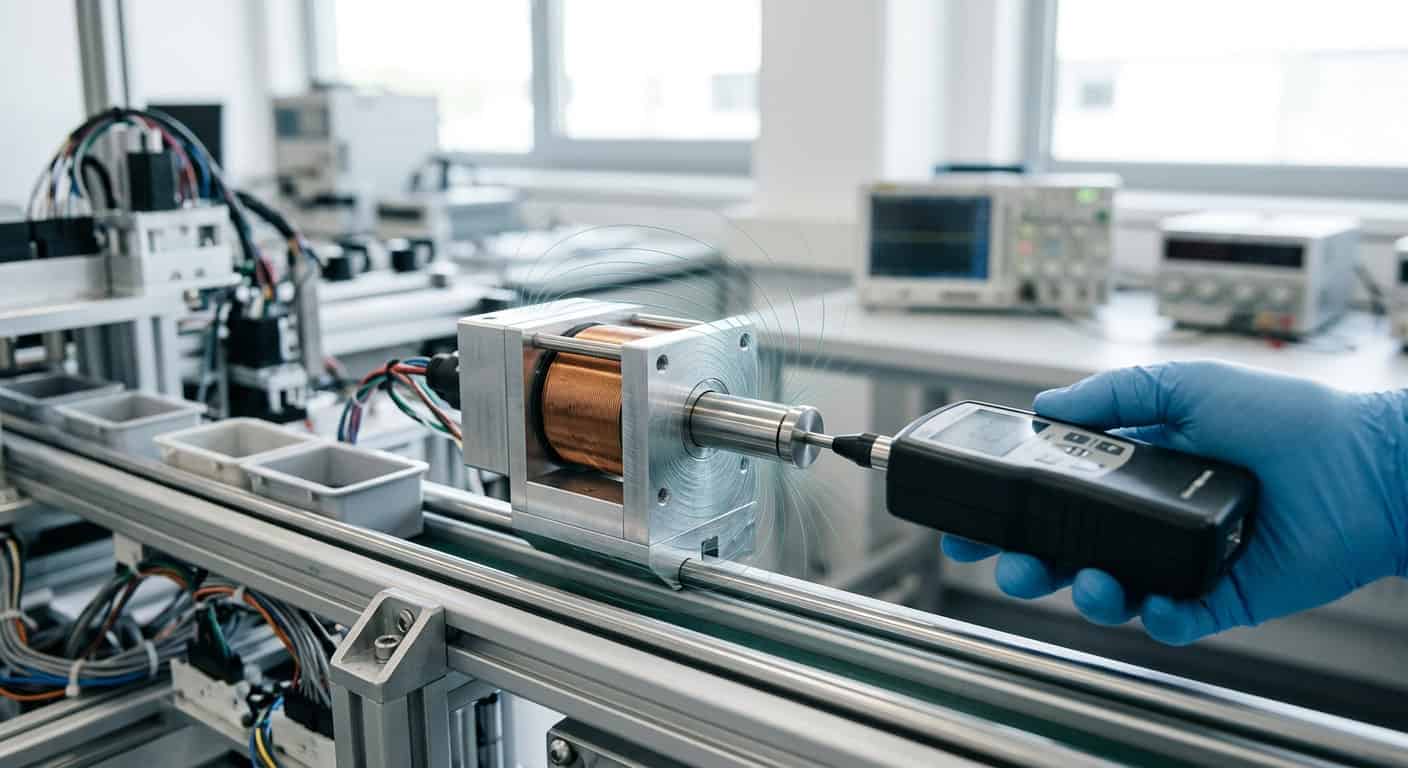 High-precision solenoid component being tested with electronic measurement device in laboratory setting.