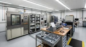 Illustrative scene: automotive component testing laboratory with environmental chamber and instrumentation (AI-generated illustration)
