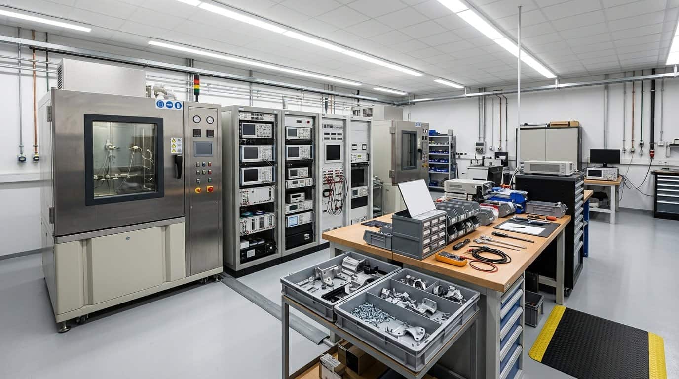 Evaluating Automotive Solenoid Manufacturers: OEM Checklist Illustrative scene: automotive component testing laboratory with environmental chamber and instrumentation (AI-generated illustration)