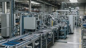 Illustrative scene: factory automation line with conveyors and mechanical linkages (AI-generated illustration)