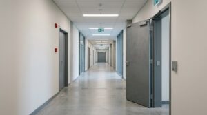 Illustrative scene: corridor fire door held open by a wall-mounted magnetic holder (AI-generated illustration)