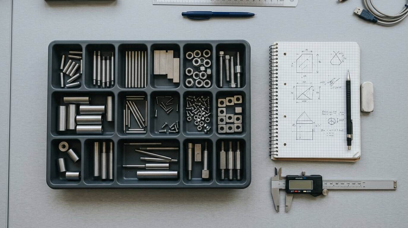 Solenoides tubulares vs. de marco abierto vs. cilíndricos explicados Illustrative scene: engineer's selection tray of small metal components with caliper and sketch notebook (AI-generated illustration)
