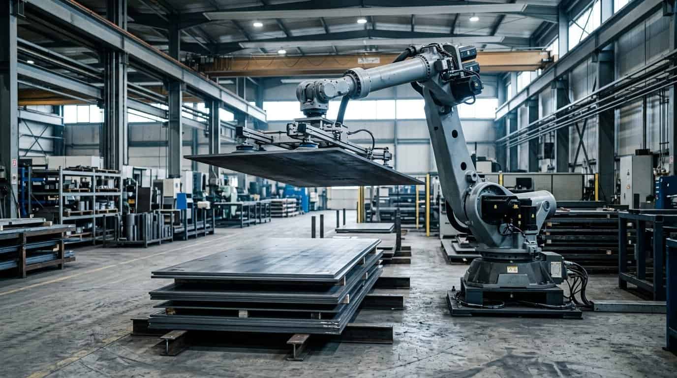 Illustrative scene: robotic arm lifting a steel plate, a typical holding electromagnet application (AI-generated illustration)