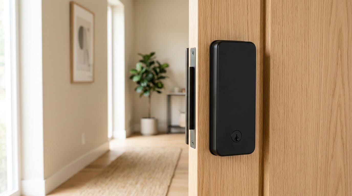 Guía de solenoides de marco abierto: Curvas de fuerza-carrera y ciclo de trabajo Illustrative scene: smart door lock on a residential door, a typical solenoid application (AI-generated illustration)